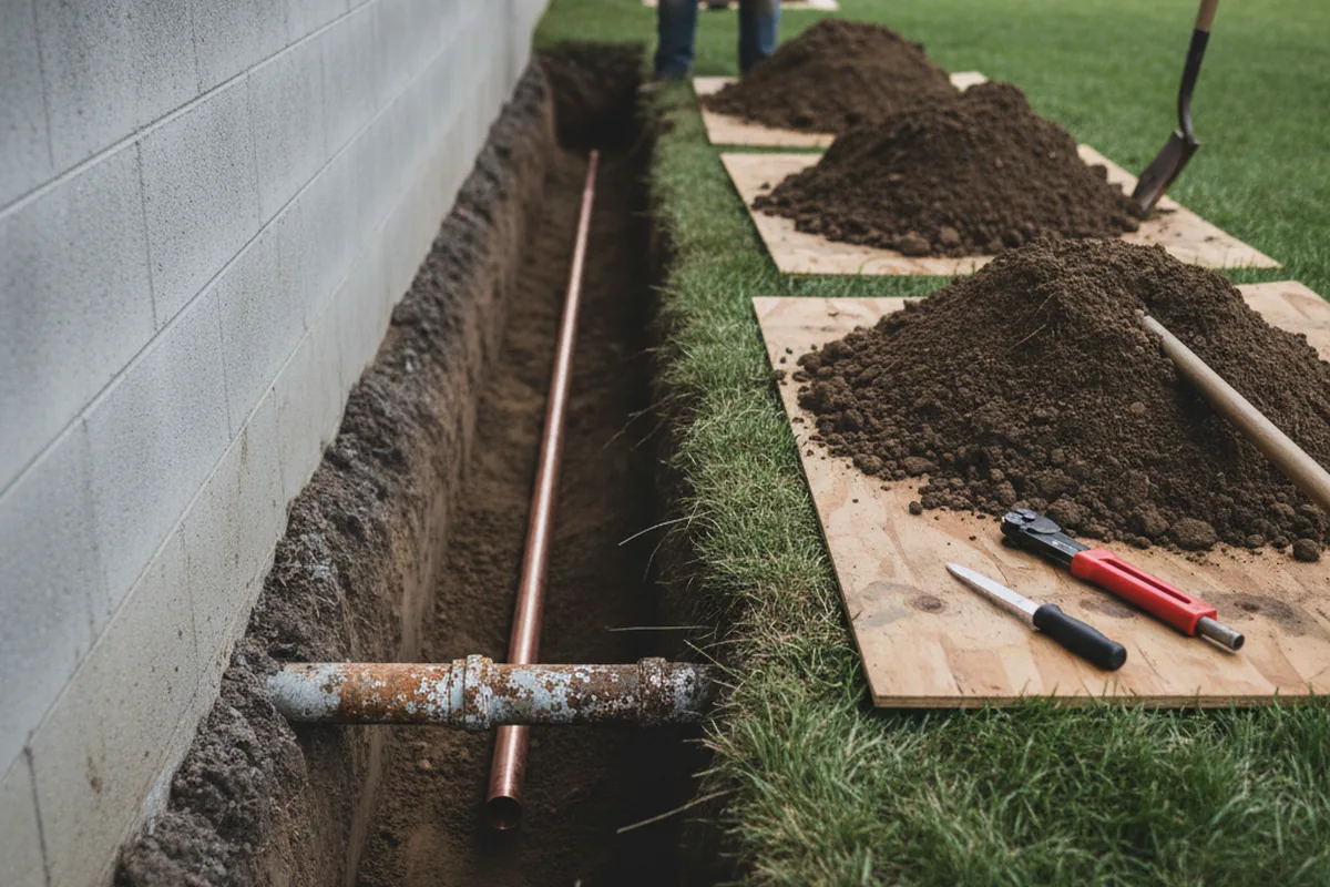 Excavated water line trench during Sewer Line Repair in Hyattsville